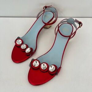 Frances Valentine Beatrix Red Shoe with Crystal Accents and Bejeweled Heel